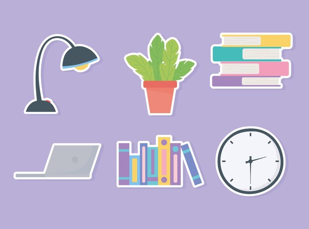 Oficina lugar de trabajo reloj libros lámpara portátil iconos.