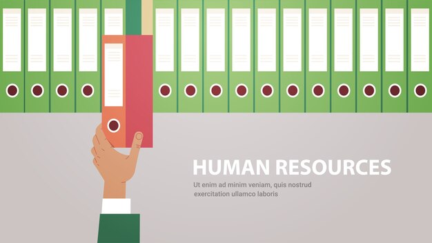 Oficina de mano del gerente de recursos humanos sacando la carpeta roja en el concepto de recursos humanos de reclutamiento de archivos ilustración de vector de espacio de copia horizontal