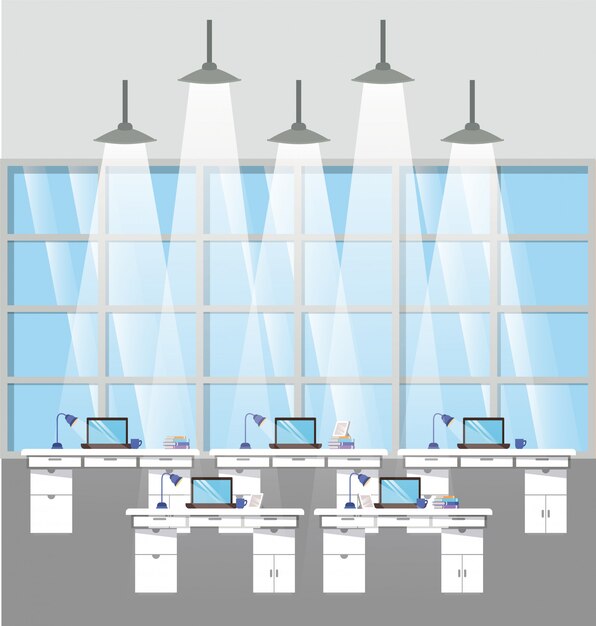 Vector oficina moderna lugar de trabajo trabajo en equipo escena