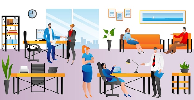 Oficina de negocios con equipo de personas trabajo ilustración vectorial trabajo en equipo con equipo corporativo
