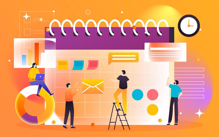 Vector oficina de negocios de gestión financiera de personajes con varios gráficos y tablas de datos