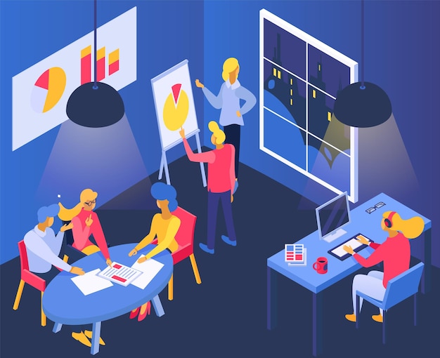 Oficina de negocios, ilustración vectorial isométrica. Reunión de trabajo en equipo en la sala, personaje de mujer hombre plano sentado en la sala de la mesa, mostrar informe infográfico. El trabajador de la gente usa la computadora portátil en la conferencia.