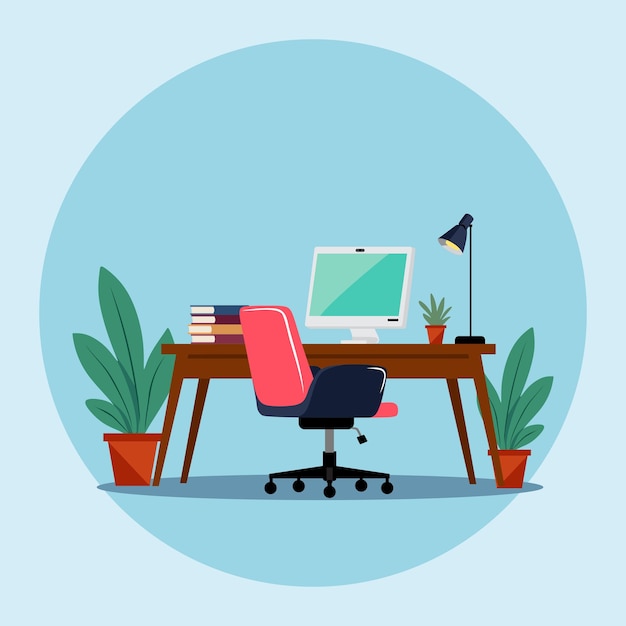 Oficina o hogar escritorio con libros de plantas de computadora o lámpara y silla de computadora ilustración vectorial