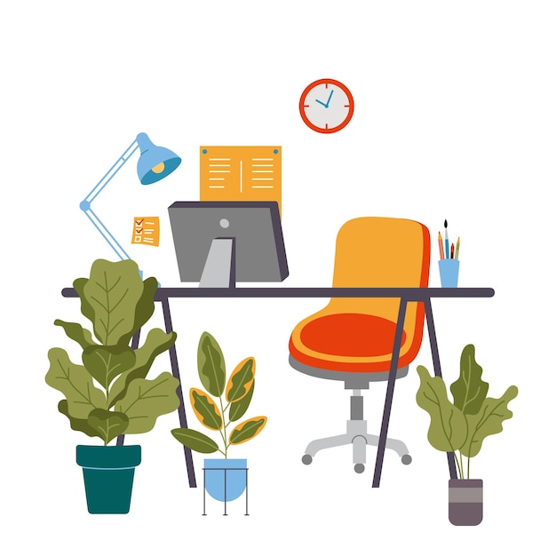 Vector oficina o lugar de trabajo en el hogar con plantas de la casa de la computadora de la silla de la mesa y estilo de dibujos animados de la lámpara ilustración vectorial moderna de moda aislada en el diseño plano dibujado a mano de fondo blanco