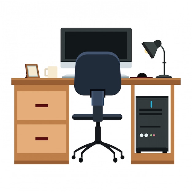 Oficina con PC en diseño gráfico del ejemplo del vector del escritorio