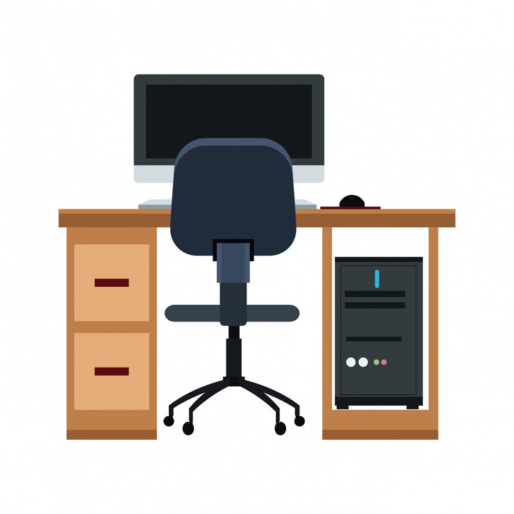 Vector oficina con pc en diseño gráfico del ejemplo del vector del escritorio
