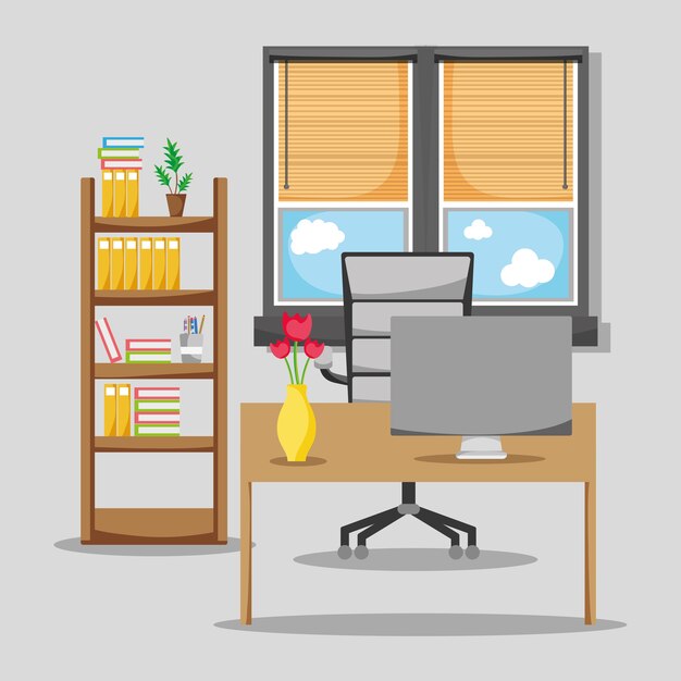 Oficina plana con escritorio y accesorios de trabajo