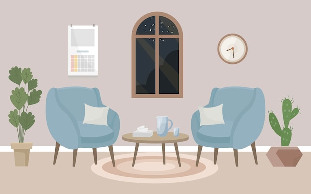 Oficina de psicólogos una habitación acogedora con dos sillones una ventana servilletes de papel y plantas en macetas