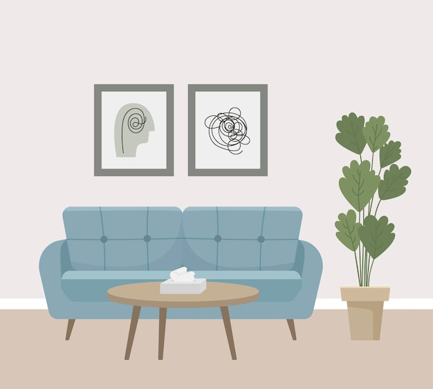Oficina de psicólogos una habitación acogedora con un sofá acogedor pinturas servilletes de papel y una planta de la casa