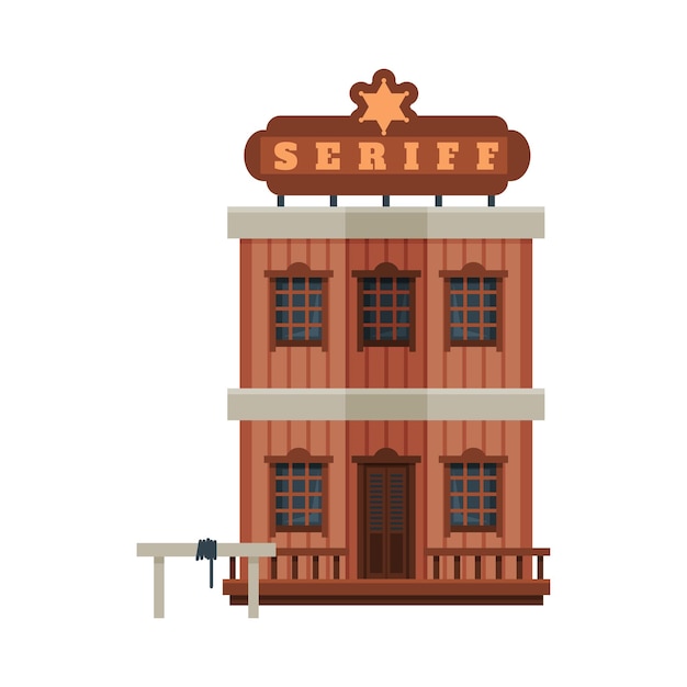Oficina del Sheriff Construcción Arquitectónica Oeste Salvaje Edificio de madera Diseño de la ciudad occidental Elemento Ilustración vectorial