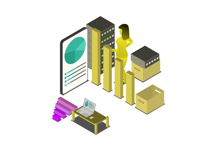 Vector oficina de verificación joven de datos isométricos en sistema de datos de hardware ilustración vectorial copia de seguridad de red