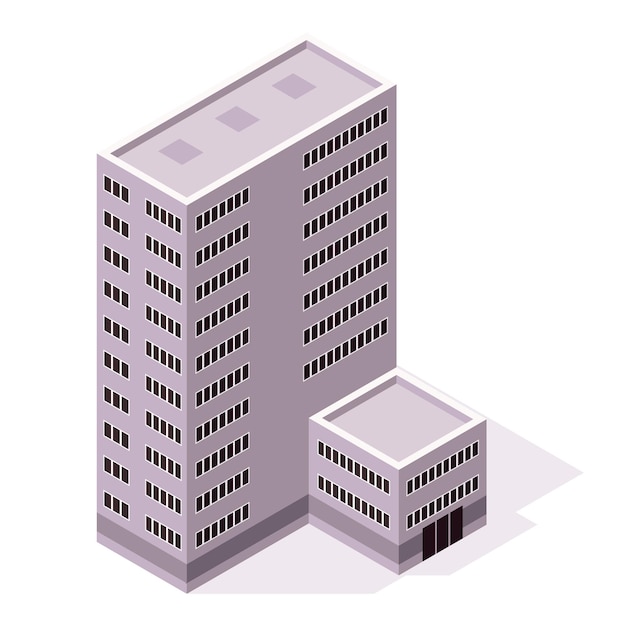 Vector oficinas isométricas o icono de centro de negocios edificio de apartamentos de la ciudad creación de un mapa de la ciudad ilustración vectorial arquitectónica en 3d elemento infográfico composición de la casa de la ciudad