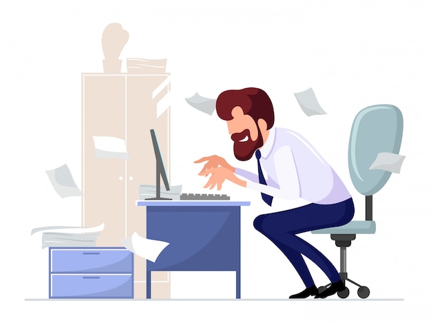 Oficinista barbudo, empleado sentado en una silla en el escritorio de la computadora, trabajando con entusiasmo en el fondo del armario, planta, papeles dispersos. Hombre trabajador escribiendo. Ilustración de dibujos animados.