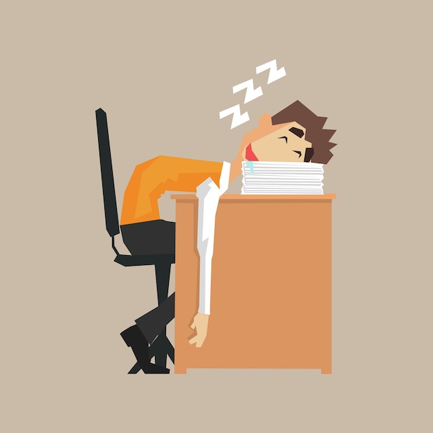 Oficinista durmiendo en una pila de papeles Estilo de dibujos animados geométricos primitivos Diseño de vectores planos Ilustración aislada