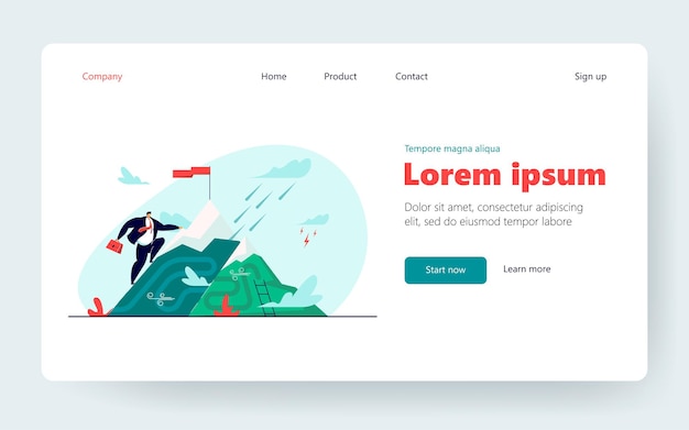 Oficinista llegando a la cima de la montaña con bandera. Hombre logrando la meta, perseverancia ilustración vectorial plana. Desafío, creencia, esfuerzo, concepto de ambición para banner, diseño de sitio web o página web de destino