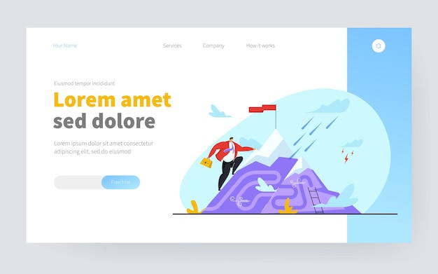 Oficinista llegando a la cima de la montaña con bandera. Hombre logrando la meta, perseverancia ilustración vectorial plana. Desafío, creencia, esfuerzo, concepto de ambición para banner, diseño de sitio web o página web de destino