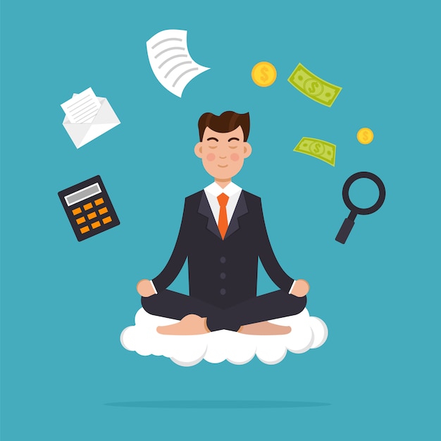 Oficinista meditando, sentado en postura de loto. Concepto de meditación y multitarea de empresario. ilustración.