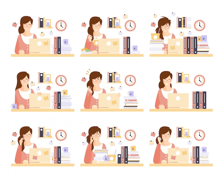 Vector oficinista en su cubículo conjunto de trabajo de ilustraciones