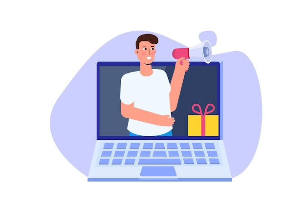 Ofrece obsequios por recomendación, recompensa en línea, concepto de programa de recomendación digital. Ilustración de vector de caja de regalo. Se puede utilizar para plantilla, página de destino web, banner.