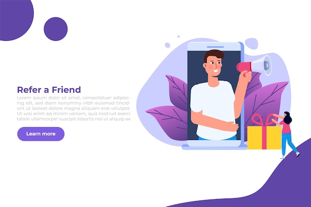 Ofrece obsequios por recomendación, recompensa en línea, concepto de programa de recomendación digital. Ilustración de vector de caja de regalo. Se puede utilizar para plantilla, página de destino web, banner.