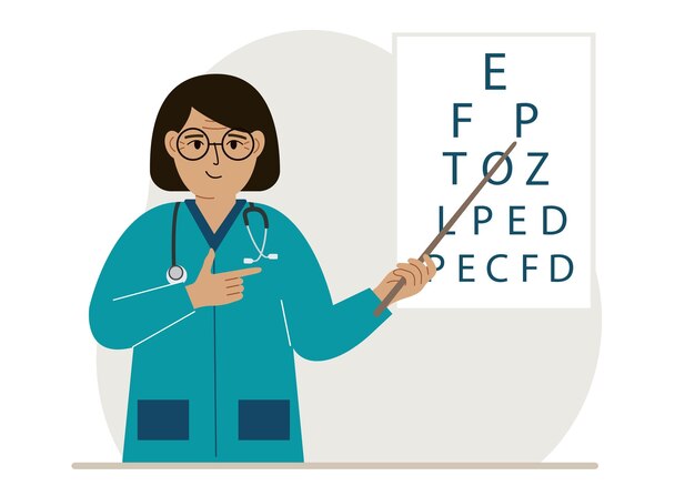 Oftalmólogo cerca de la mesa de prueba de visión Diagnóstico y examen ocular Optometrista revisa la vista y elige anteojos
