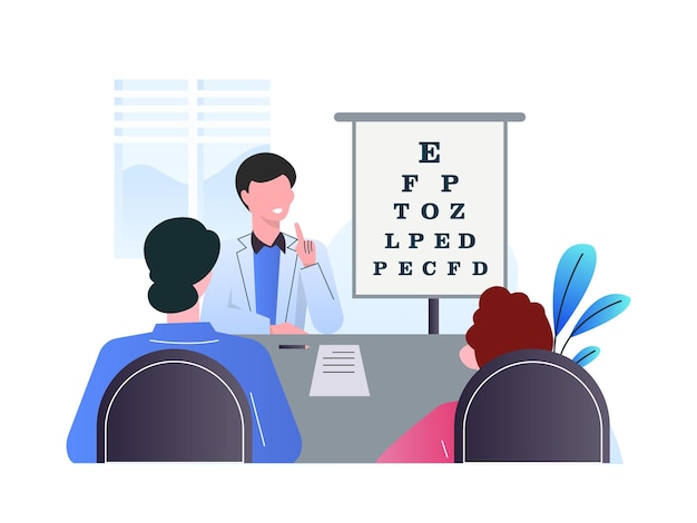 Vector oftalmólogo, examinar, paciente, ilustración