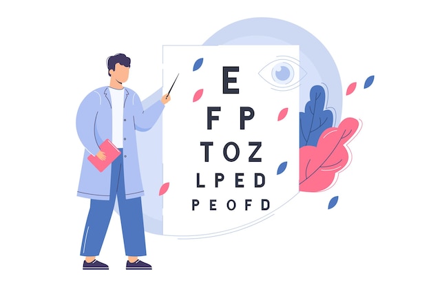 Vector oftalmólogo plano comprueba la vista con tabla de prueba ocular