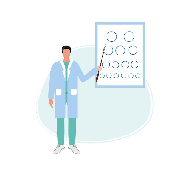 El oftalmólogo revisa la visión usando una mesa para exámenes oculares. El paciente está siendo tratado por un optometrista. Gafas y buena vista. Ilustración de dibujos animados plano de vector de medicina y salud.