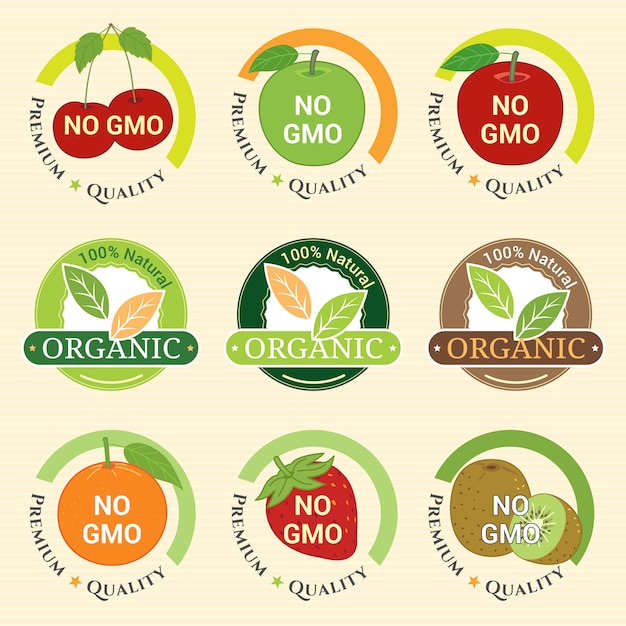 Vector sin ogm sin ogm y con la etiqueta de garantía orgánica distintivos distintivos para las frutas kiwis fresa fresa naranja cereza