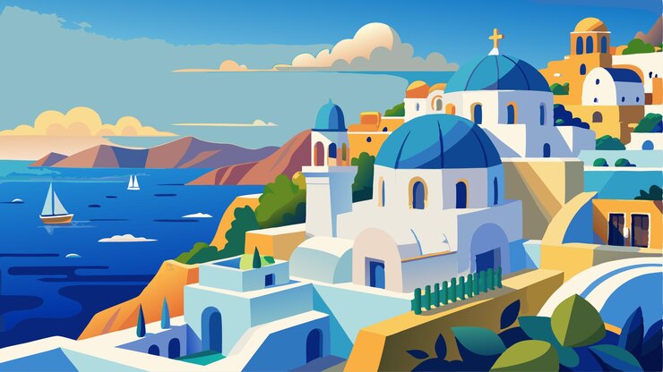 Vector oia santorini grecia ilustración de arte vectorial escénico