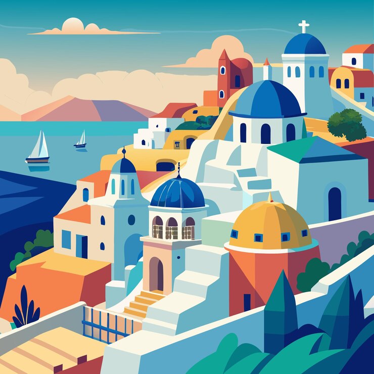 Vector oia santorini grecia ilustración de arte vectorial escénico
