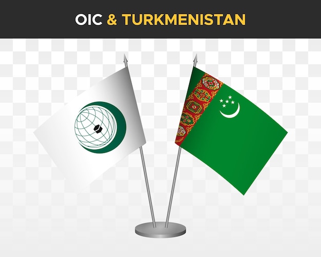 Oic organización cooperación islámica vs banderas de escritorio de turkmenistán maqueta 3d ilustración vectorial