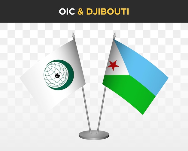 Oic organización cooperación islámica vs djibouti escritorio banderas maqueta 3d vector ilustración