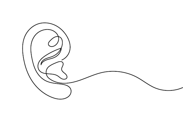 Oído humano dibujo continuo de una línea y estilo minimalista aislar icono vectorial de contorno