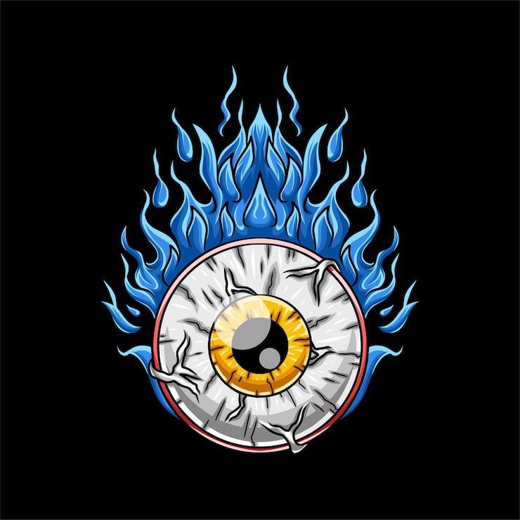 Vector ojo de bola en la ilustración de dibujos animados de fuego azul