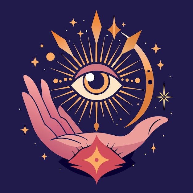 Vector ojo celestial místico sobre la mano de la mujer símbolo elegante espiritual para el logotipo del nombre de la marca