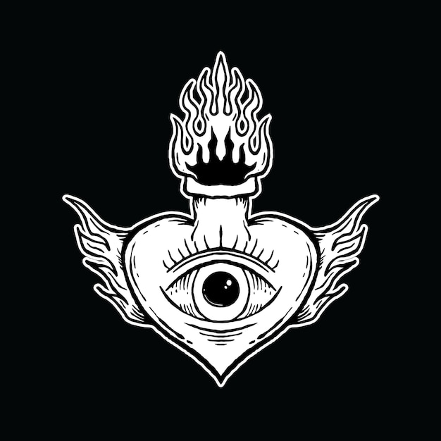 Ojo del corazón con alas arte Ilustración estilo dibujado a mano vector premium en blanco y negro