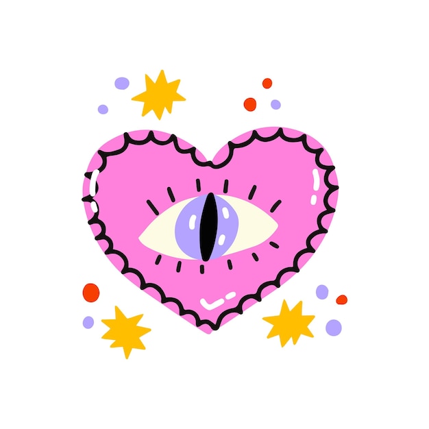 Ojo en el corazón. Día de San Valentín, concepto de amor. Ilustración para camisetas, postales, carteles, estampados.