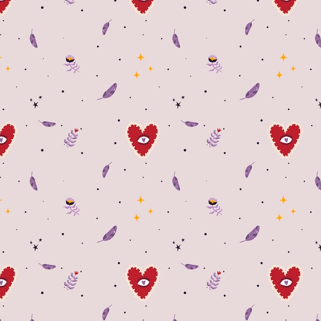 Ojo de corazón maravilloso y pluma Patrón sin costuras Estilo retro hippie para impresión en papel de envoltura textil Diseño web y redes sociales Colores rosa y púrpura