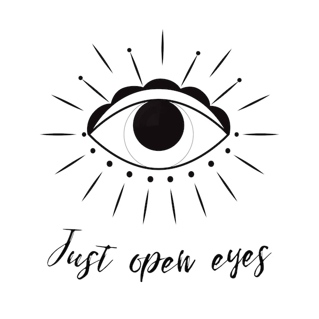 Ojo dibujado a mano Estilo Doodle en color negro Dibujo Elemento de diseño de tatuaje La ilustración del vector del tercer ojo Cita Solo abre los ojos