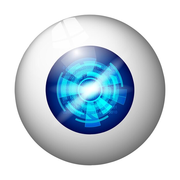 Ojo digital aislado en blanco. Números con círculos en una pupila azul. Ilustración vectorial.