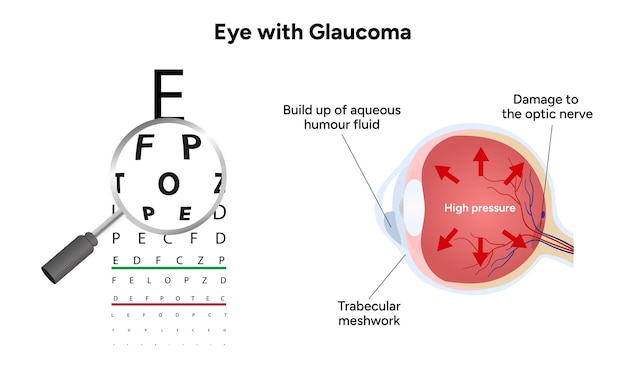 Ojo con enfermedad de glaucoma infografía médica con anatomía óptica del ojo humano