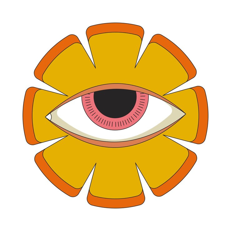 Vector ojo de flor caprichoso objeto de dibujos animados lineal 2d caléndula rural ocultista flor de imaginación espiritual elemento vectorial de línea aislada fondo blanco alucinación de fantasía ilustración de mancha plana en color