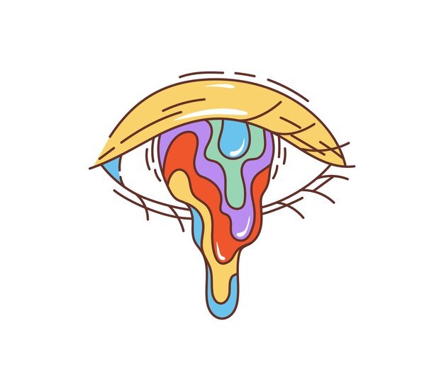 Ojo hippie retro de dibujos animados con retina derretida