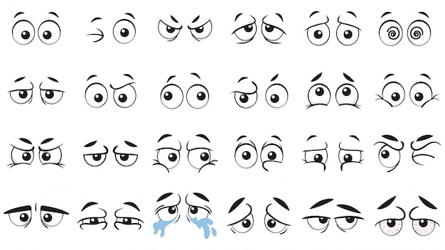 Ojo humano, expresiones de ojos faciales enojados y felices conjunto de ilustración vectorial
