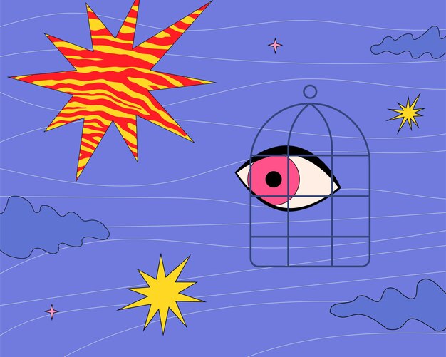 Vector un ojo en una jaula rodeado de destellos brillantes es un símbolo de presenciar eventos traumáticos y trastorno de estrés postraumático.
