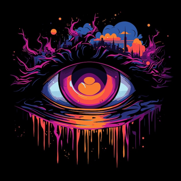 Un ojo místico se encuentra con estrellas cósmicas en un diseño de cartel surrealista