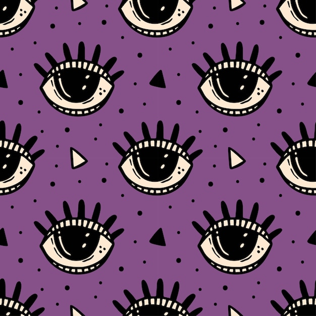 Ojo morado, símbolo mágico. Patrón sin fisuras de Halloween. Esotérico, sobrenatural, paranormal.