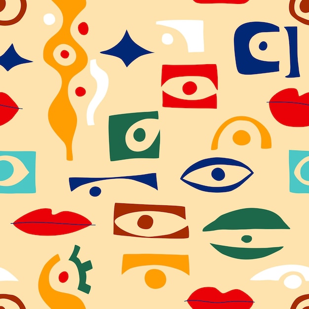 Ojo patrón abstracto, formas geométricas en estilo contemporáneo. Vector griego de patrones sin fisuras con mirada, ojos en estilo collage moderno. Formas abstractas ilustración dibujada a mano. Fondo colorido de moda