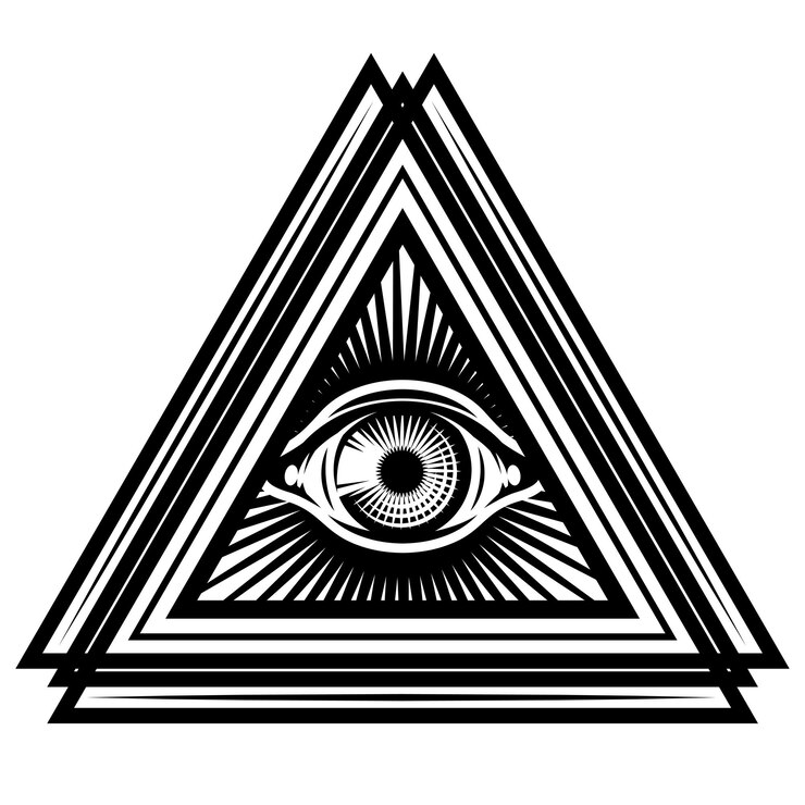 Vector ojo que todo lo ve de dios en triángulo símbolo sagrado en triángulos estilizados ilustración monocromática vectorial